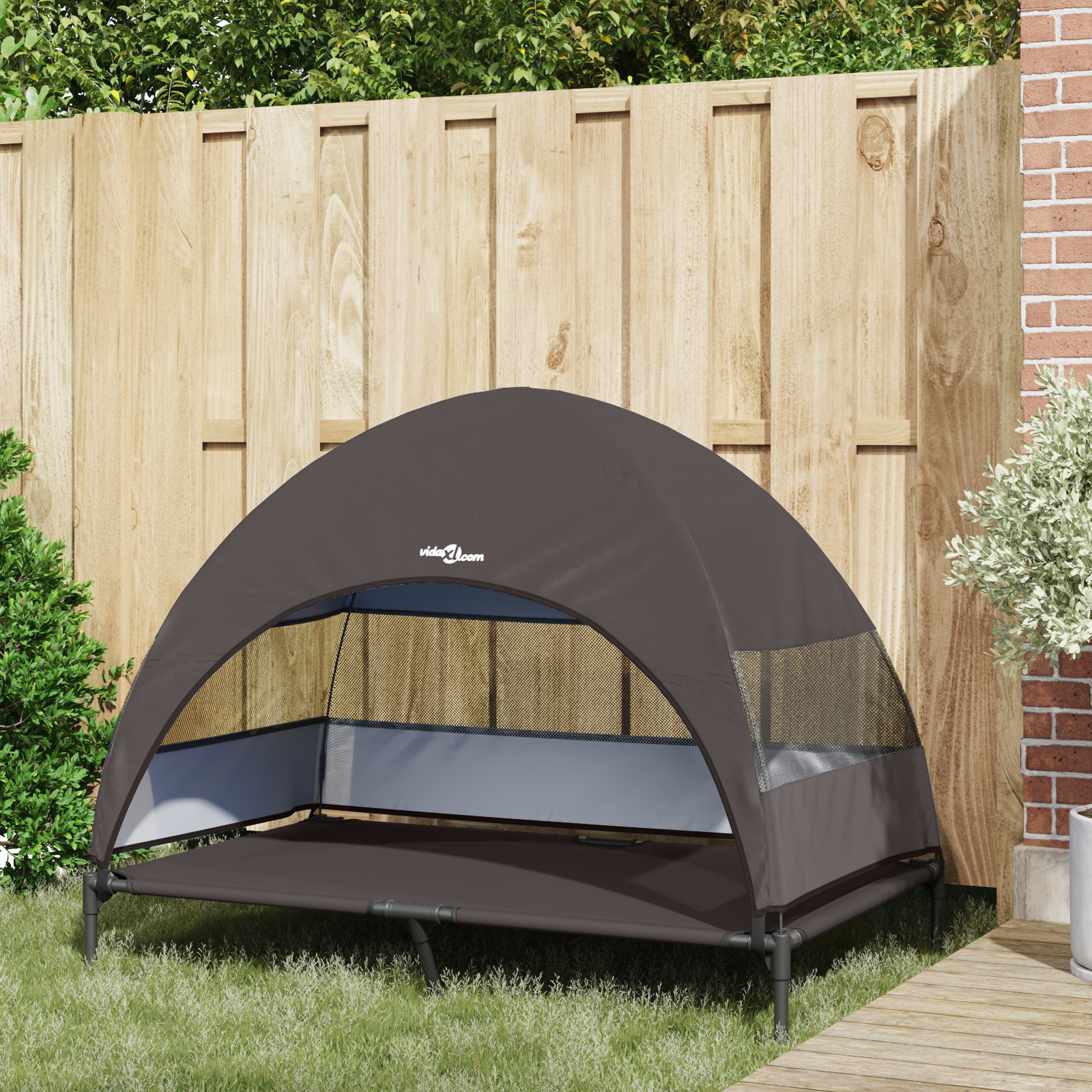 Pat câini ridicat cu copertină detașabilă Maro XL Oțel [2]