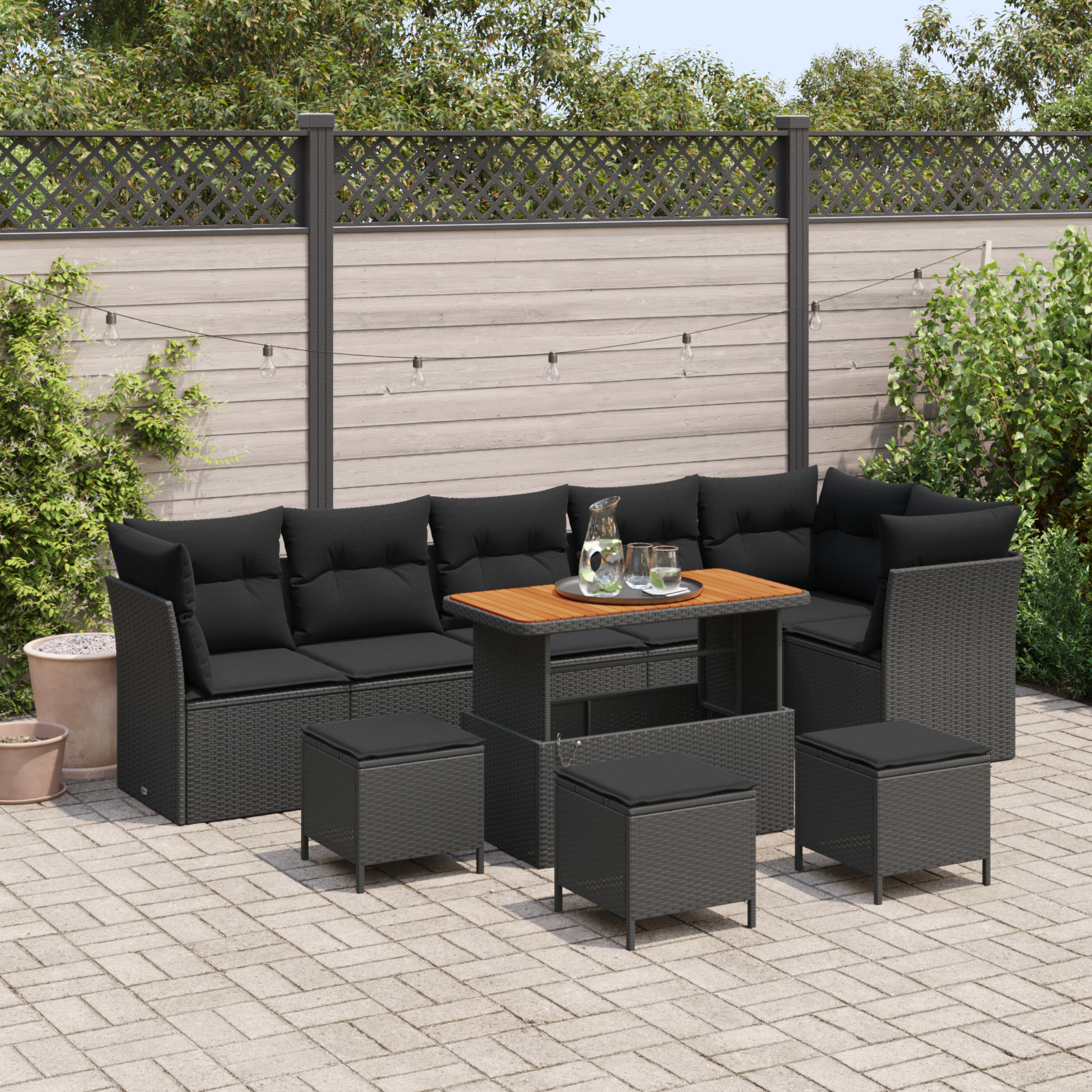 Canapele de exterior - Set de canapea de grădină  cu 10 piese cu perne Negru Ratan polimeric Acacia, Set de dining de grădină  cu 4 piese cu perne Negru Ratan polimeric Acacia
