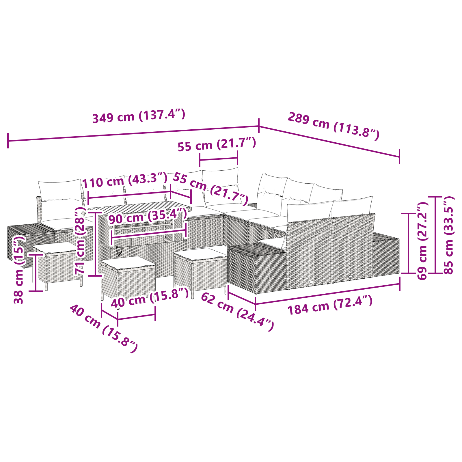 Set de Canapea de Grădină  cu 14 Piese și Pernițe Bej Poliratan Acacia, Sofa de Grădină  cu 2 Locuri și Pernițe Bej Poliratan, Set de Dining de Grădină  cu 4 Piese și Pernițe Bej Poliratan Acacia [8]