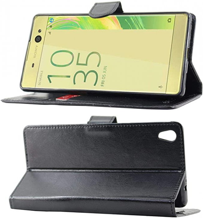Husa compatibil cu Sony Xperia XA Ultra Husă XA Ultra/Husă portofel dublă Husă din piele PU cu suport pentru slot pentru card, neagră [Telefon: 164 x 79 x 8,4 mm, 6,0 inchi] [3]