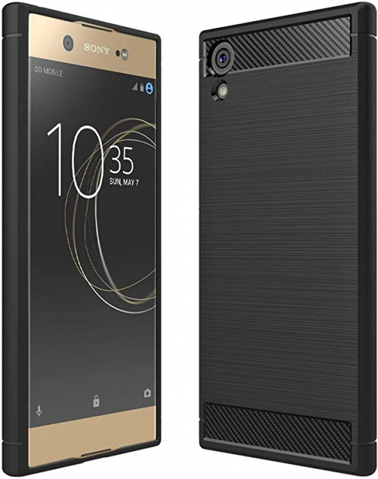Husa compatibil cu Sony Xperia XA1 Ultra Husă XA1 Ultra/Dual (2017) Husă cu design din fibră de carbon, carcasă flexibilă din silicon, absorbție de șoc, neagră + sticlă securizată [6]