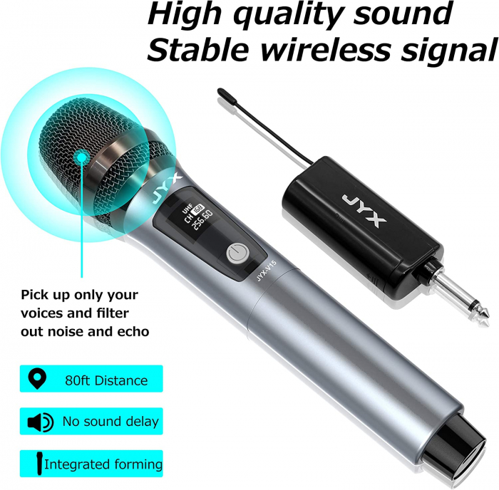 Microfon wireless JYX, microfon dinamic pentru karaoke cu receptor și inel anti-alunecare, distanță de transmisie de 80 de metri, sistem de microfon reîncărcabil pentru noapte de karaoke, întâlnire [4]