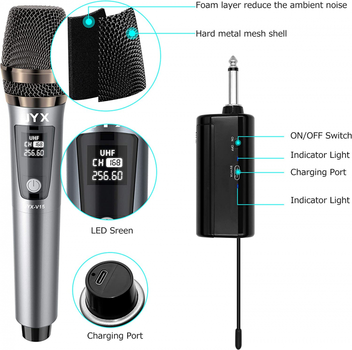 Microfon wireless JYX, microfon dinamic pentru karaoke cu receptor și inel anti-alunecare, distanță de transmisie de 80 de metri, sistem de microfon reîncărcabil pentru noapte de karaoke, întâlnire [6]