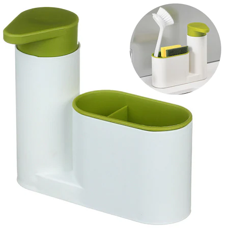 Organizator pentru chiuveta 2 in 1,cu functie de dozator de sapun ,18 x 6 x 16cm, Alb/Verde [2]
