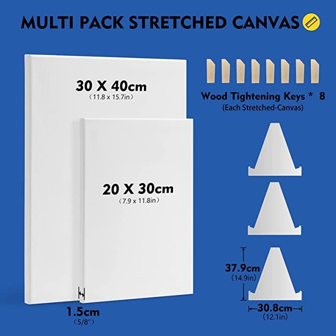 Set de 5 buc pânză de pictură Magicfly,  pânză de pictură 20x30cm, 30x40cm albă 100% bumbac pânză preîntinsă cu 8 pene de lemn și 3 suporturi de hârtie pentru turnarea picturii acrilice [6]