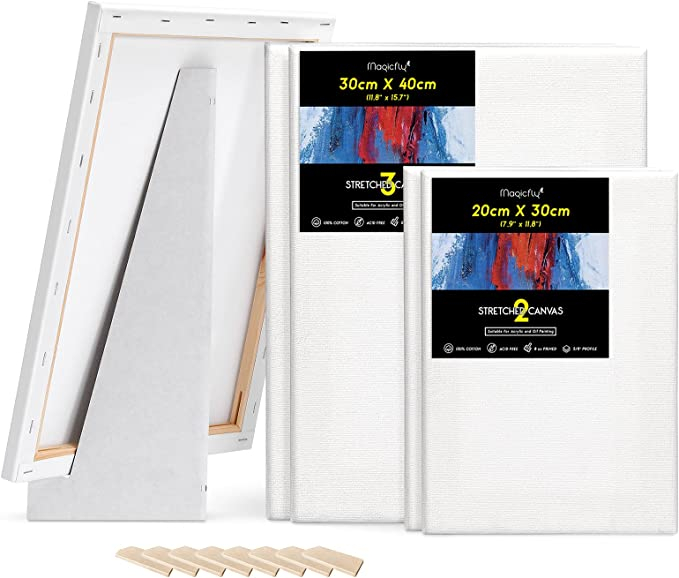 Set de 5 buc pânză de pictură Magicfly,  pânză de pictură 20x30cm, 30x40cm albă 100% bumbac pânză preîntinsă cu 8 pene de lemn și 3 suporturi de hârtie pentru turnarea picturii acrilice [5]