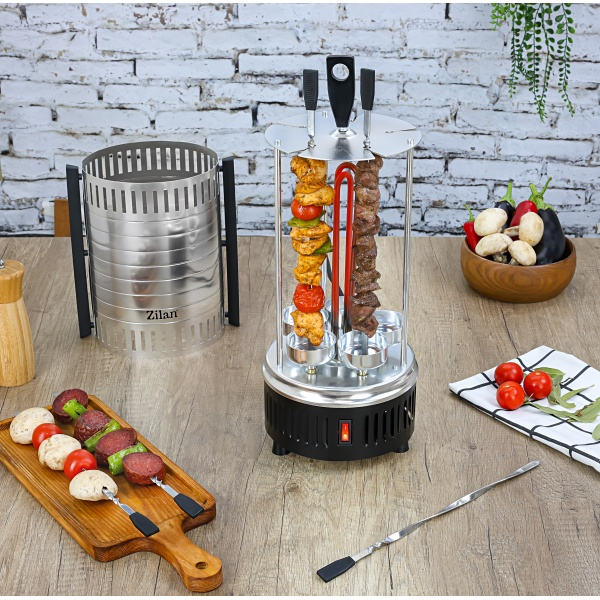 Gratar vertical argintiu, putere 900W, rotatie automata, 5 bete pentru frigarui [7]