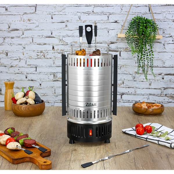 Gratar vertical argintiu, putere 900W, rotatie automata, 5 bete pentru frigarui [9]