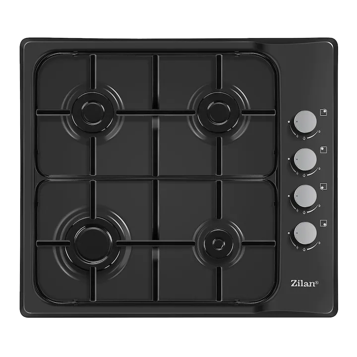 Plite pe gaz - Plita incorporabil,Negru Gaz gpl sau natural, Aprindere electrica, 4 arzatoare, 60x50 cm, Email