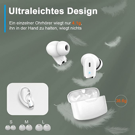 Căști Bluetooth fără fir cu control tactil IP7 cu microfon încorporat pentru iOS și Android, cutie de încărcare, 40 de ore, alb [2]