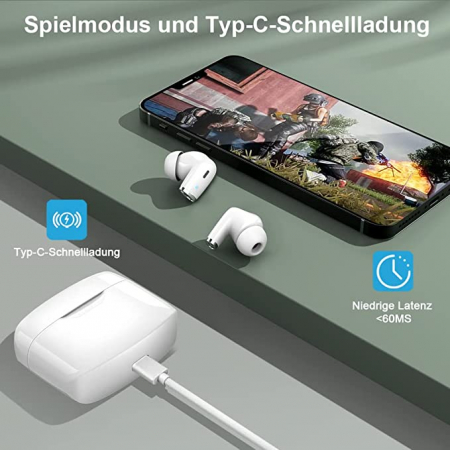 Căști Bluetooth fără fir cu control tactil IP7 cu microfon încorporat pentru iOS și Android, cutie de încărcare, 40 de ore, alb [3]
