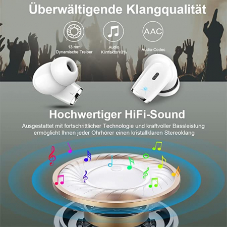 Căști Bluetooth fără fir cu control tactil IP7 cu microfon încorporat pentru iOS și Android, cutie de încărcare, 40 de ore, alb [4]