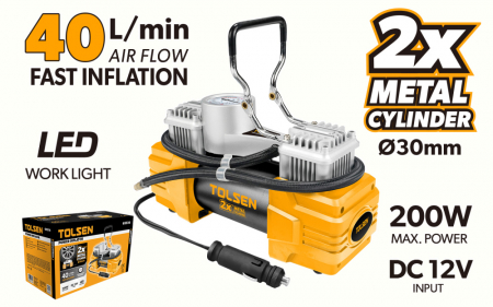Compresoare aer - Compresor auto 2 cilindri, 200 W, 100 psi, 12 V, LED, 40 l/m