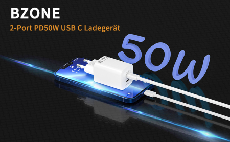 Încărcător BZONE USB C, GaN III PD 50W PPS 48W 2 porturi 30W+20W USB-C Power Bank, încărcător rapid compatibil cu iPhone, Samsung Galaxy, Google Pixel, Huawei [1]
