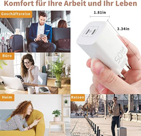 Încărcător BZONE USB C, GaN III PD 50W PPS 48W 2 porturi 30W+20W USB-C Power Bank, încărcător rapid compatibil cu iPhone, Samsung Galaxy, Google Pixel, Huawei [7]