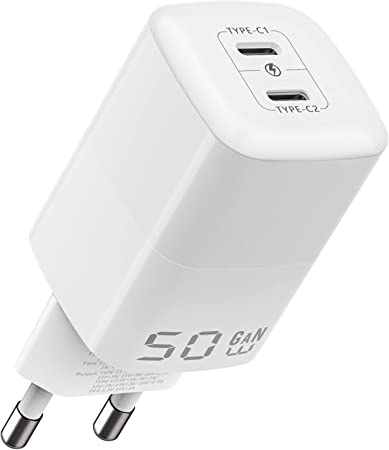 Accesorii GSM - Încărcător BZONE USB C, GaN III PD 50W PPS 48W 2 porturi 30W+20W USB-C Power Bank, încărcător rapid compatibil cu iPhone, Samsung Galaxy, Google Pixel, Huawei