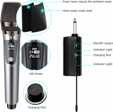 Microfon wireless JYX, microfon dinamic pentru karaoke cu receptor și inel anti-alunecare, distanță de transmisie de 80 de metri, sistem de microfon reîncărcabil pentru noapte de karaoke, întâlnire [5]