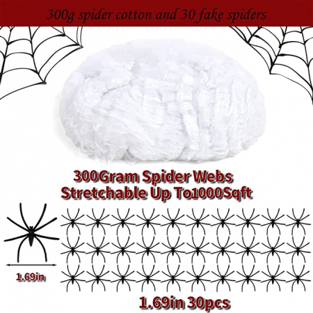 Pânză de păianjen de Halloween 300 g Pânză de păianjen elastică + 30 de păianjeni falși din plastic Decor Halloween Decor pentru petreceri de interior în aer liber pentru gazon, grădină, pereți copaci [1]