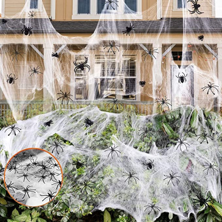 Pânză de păianjen de Halloween 300 g Pânză de păianjen elastică + 30 de păianjeni falși din plastic Decor Halloween Decor pentru petreceri de interior în aer liber pentru gazon, grădină, pereți copaci [2]
