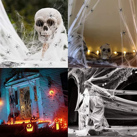 Pânză de păianjen de Halloween 300 g Pânză de păianjen elastică + 30 de păianjeni falși din plastic Decor Halloween Decor pentru petreceri de interior în aer liber pentru gazon, grădină, pereți copaci [5]