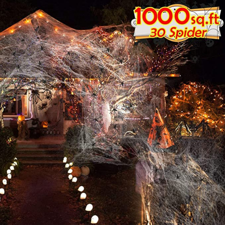 Pânză de păianjen de Halloween 300 g Pânză de păianjen elastică + 30 de păianjeni falși din plastic Decor Halloween Decor pentru petreceri de interior în aer liber pentru gazon, grădină, pereți copaci [3]