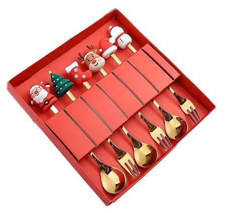 Ustensile gatit - Set 6 tacamuri  cu tematica de Craciun, contine 3 linguri si 3 furculite din inox  culoare aurie