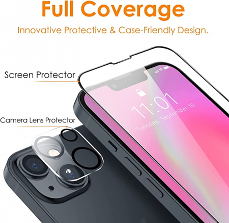 Set de 2 Folii Protector de ecran 9H Premium din sticlă securizată + Protector de lentile pentru cameră compatibil cu iPhone 13 mini [3]