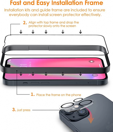 Set de 2 Folii Protector de ecran 9H Premium din sticlă securizată + Protector de lentile pentru cameră compatibil cu iPhone 13 mini [2]