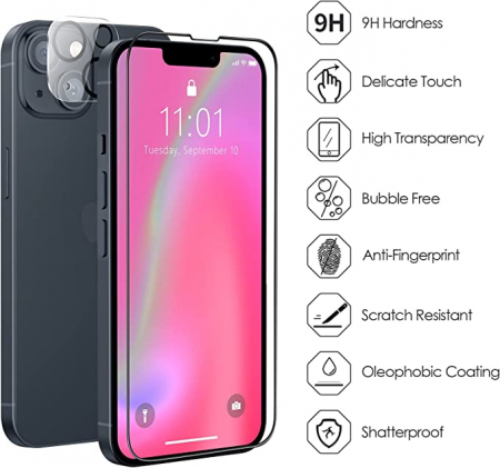 Set de 2 Folii Protector de ecran 9H Premium din sticlă securizată + Protector de lentile pentru cameră compatibil cu iPhone 13 mini [1]