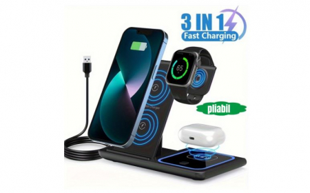 Statie Incarcare wireless 3 in 1, Compatibil Cu Apple Watch, Airpods, iPhone, Android, Samsung, Huawei, Xiaomi, culoare-negru.Fast Charger 15W Incarcare Rapida [2]