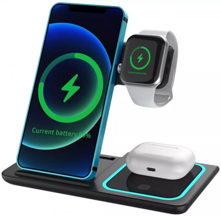 Statie Incarcare wireless 3 in 1, Compatibil Cu Apple Watch, Airpods, iPhone, Android, Samsung, Huawei, Xiaomi, culoare-negru.Fast Charger 15W Incarcare Rapida [1]