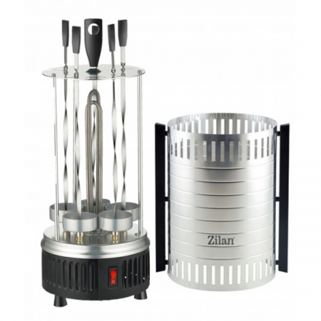Gratar electric - Gratar vertical argintiu, putere 900W, rotatie automata, 5 bete pentru frigarui