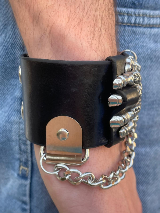Brățară piele mână schelet și lanț [3]