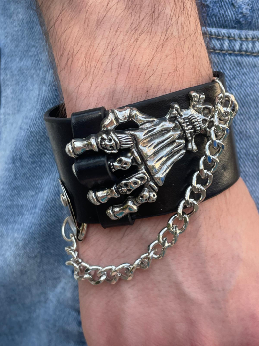 Brățară piele mână schelet și lanț [2]