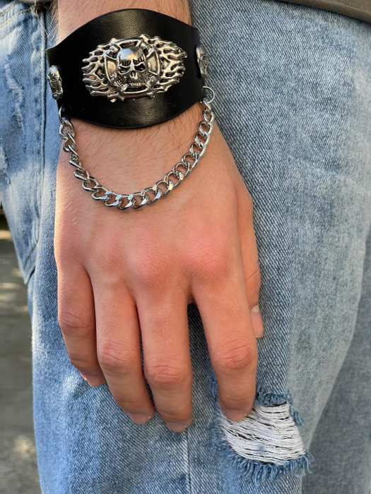 Brățară piele craniu și lanț [3]