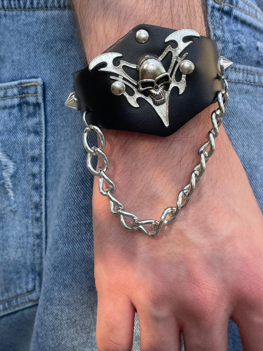 Brățară piele craniu și lanț [4]