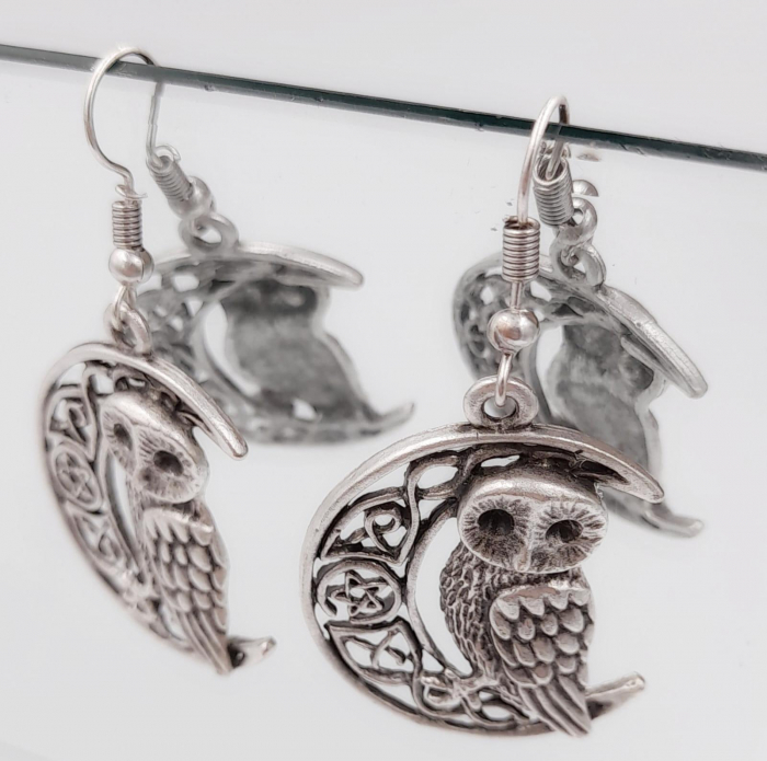 Cercei Zamac Argintat Luna si Bufnita [2]