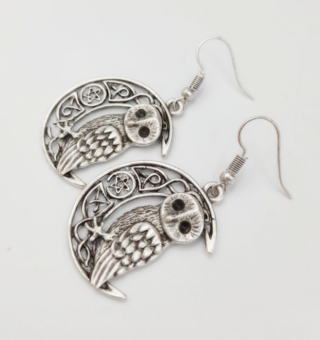 Cercei Zamac Argintat Luna si Bufnita [6]