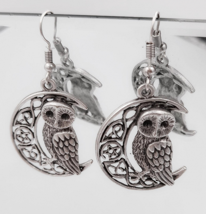 Cercei Zamac Argintat Luna si Bufnita [4]