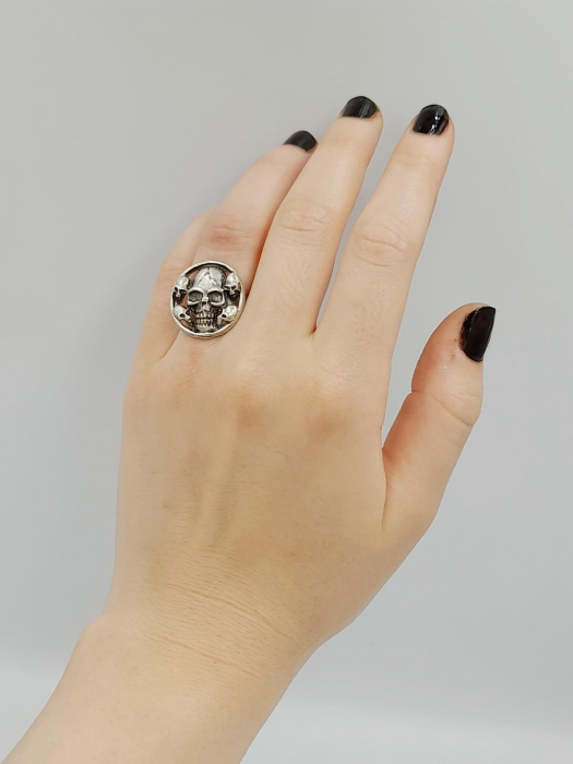 Inel Reglabil Zamac Argintat Cranii [2]