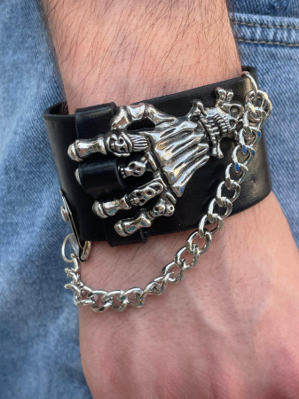 Bijuterii rock, goth, emo, punk - Brățară piele mână schelet și lanț