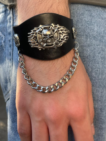 Bijuterii rock, goth, emo, punk - Brățară piele craniu și lanț