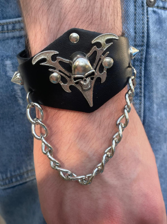 Brățări - Brățară piele craniu și lanț