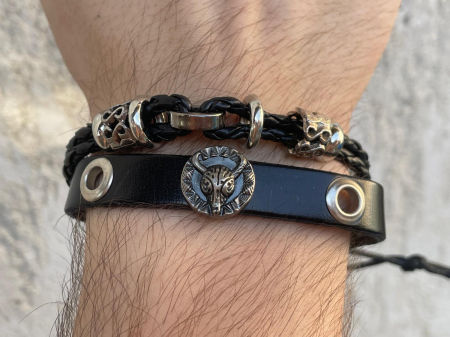 Bijuterii rock, goth, emo, punk - Brățară piele șiret Craniu Bivol
