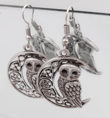 Cercei Zamac Argintat Luna si Bufnita [2]