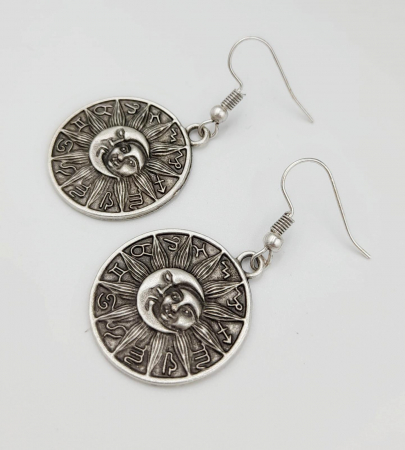 Bijuterii din zamac - Cercei Zamac Argintat Soare, Luna si Zodiac