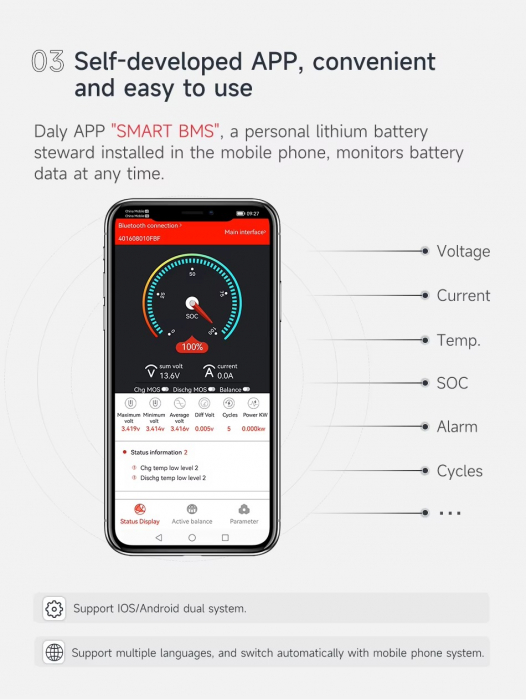 Smart BMS Litiu Ion 10S, 36V, 30A  cu functie de balansare pasiva, conexiune Bluetooth [6]