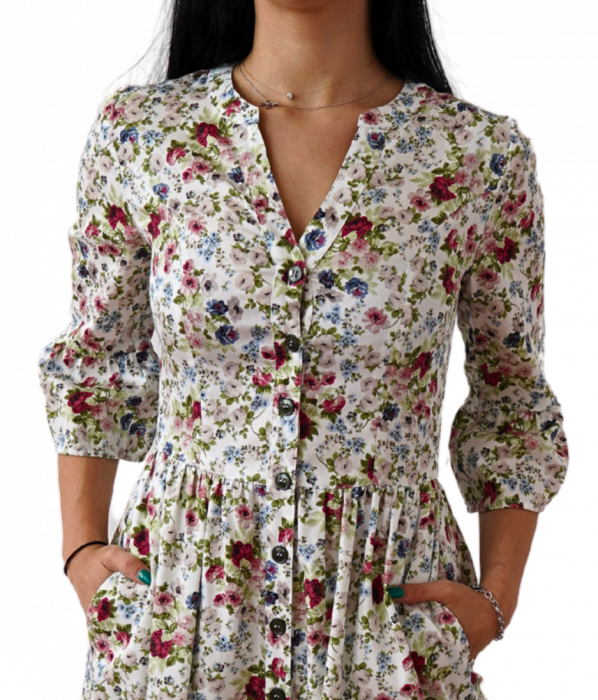 Rochie Din Bumbac – Imprimeu FLORAL Alb și Multicolor, Casual-Elegant [2]