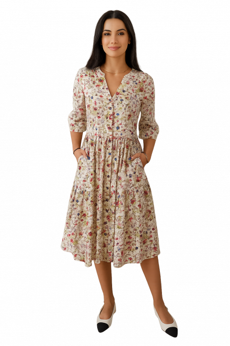 Rochie Din Bumbac – Imprimeu FLORAL Alb și Multicolor, Casual-Elegant [1]