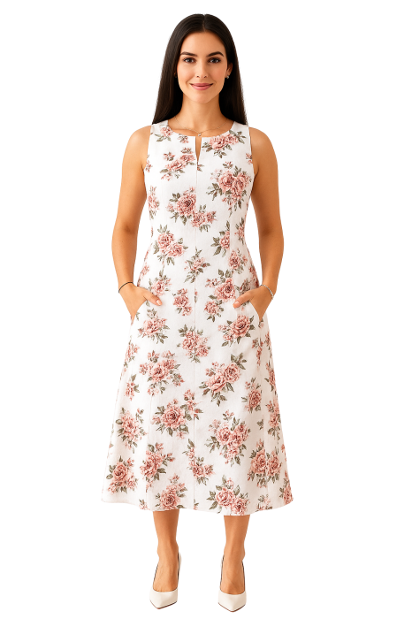 Rochie Din Bumbac – Imprimeu FLOARL Alb și Roz, Casual-Elegant [1]